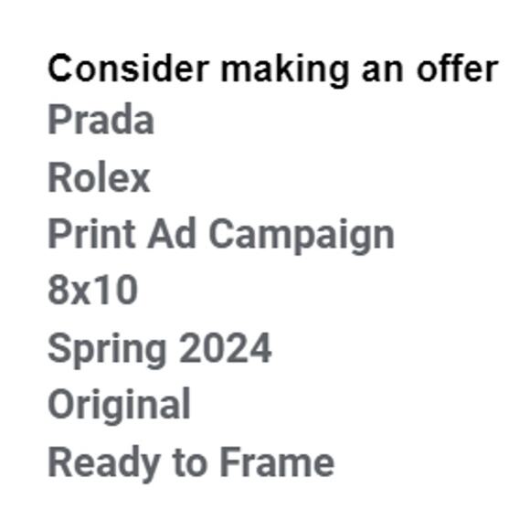 Prada and Rolex Print Ad Campaign Spring 2024 8x10 Ready to Frame Original - Picture 2 of 5